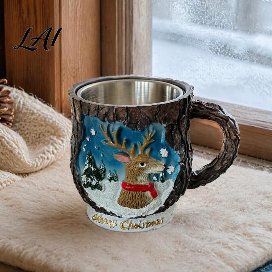 Santa Claus Drinkware Christmas Theme Mug with Stainless Steel Liner 3D Relief Hand Elk Tableware Painted Resin Coffee Cup Decorative for