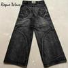 RogueWave Streetwear Washed Retro Baggy Jeans Goth Hip-hop Personality Harajuku Trendy Black Straight Pant Y2K Wide Leg Pants