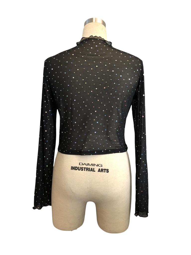 2025 Spring/Summer Women's Stand-Up Collar Sequin Mesh T-Shirt