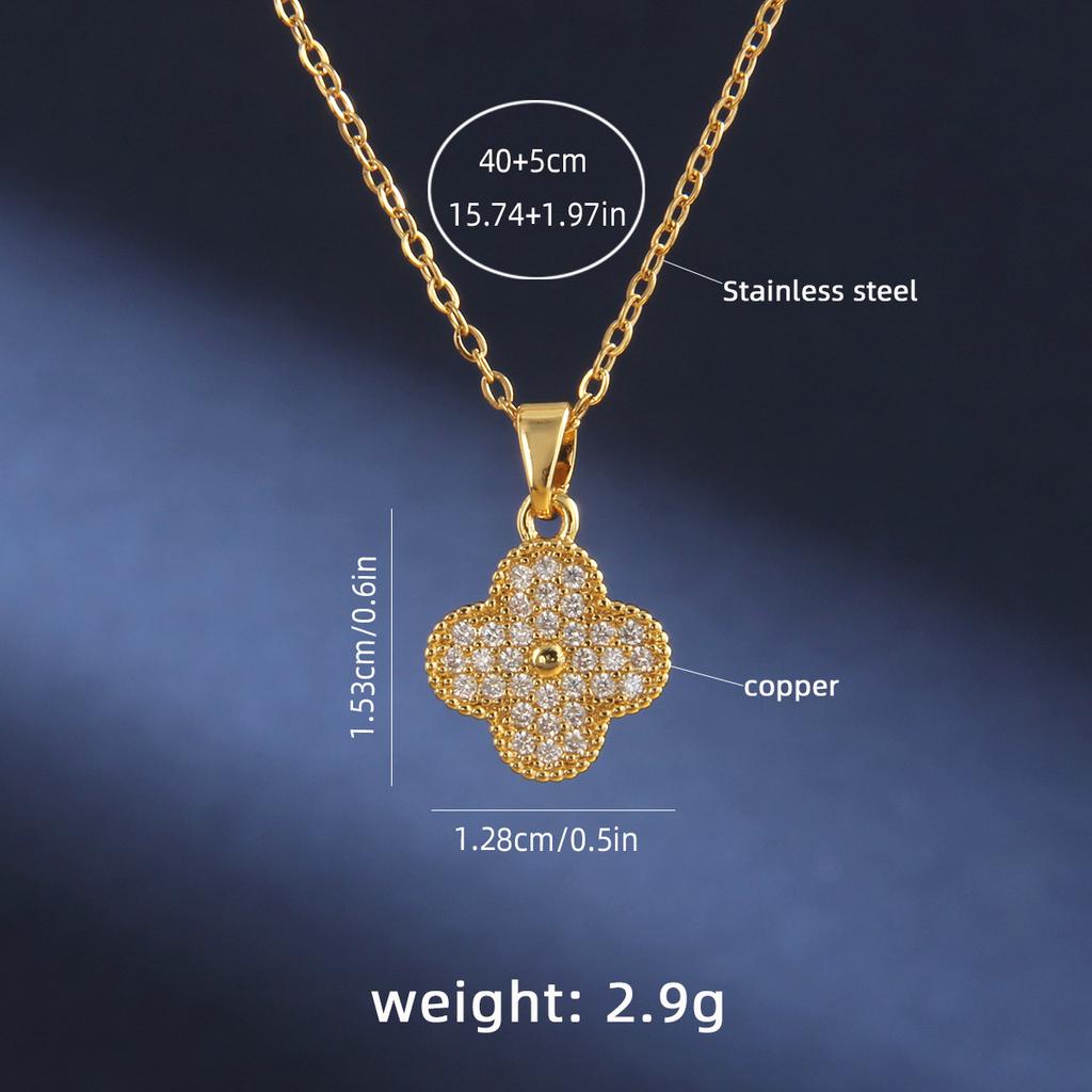 Copper Micro Inlaid 18K Gold Zircon Clover Stainless Steel Necklace