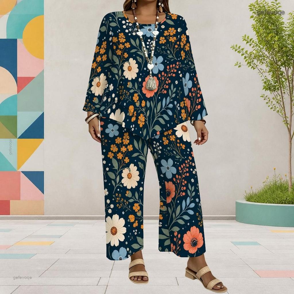 Women Plus Size Round Neck Long Sleeve Floral Printed Layered Top Wide Leg Cropped Pants Two Piece Set