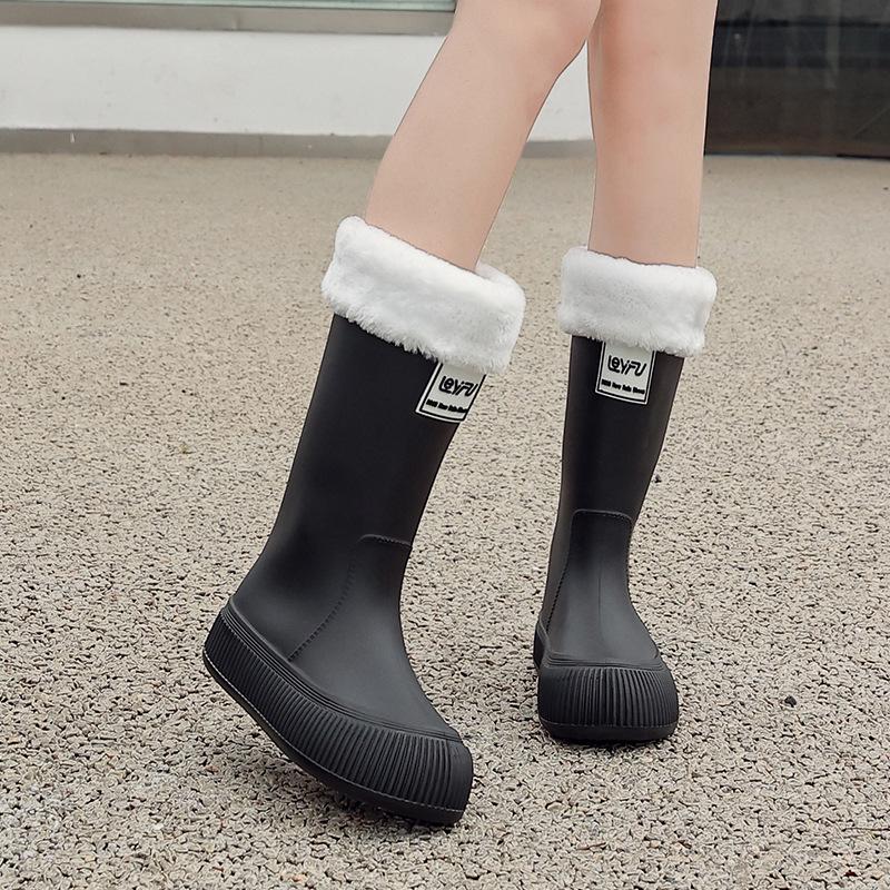 Женские высокие резиновые сапоги в японском стиле с флисовой подкладкой, водонепроницаемые - Нескользящие, легкие и износостойкие.