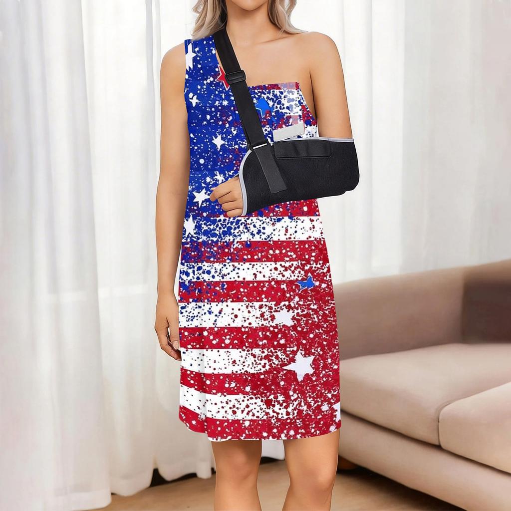 Sleeveless Independence Day Dress for Women Post Shoulder Surgery Adjustable Tearable Design Star Print Casual Summer Dress