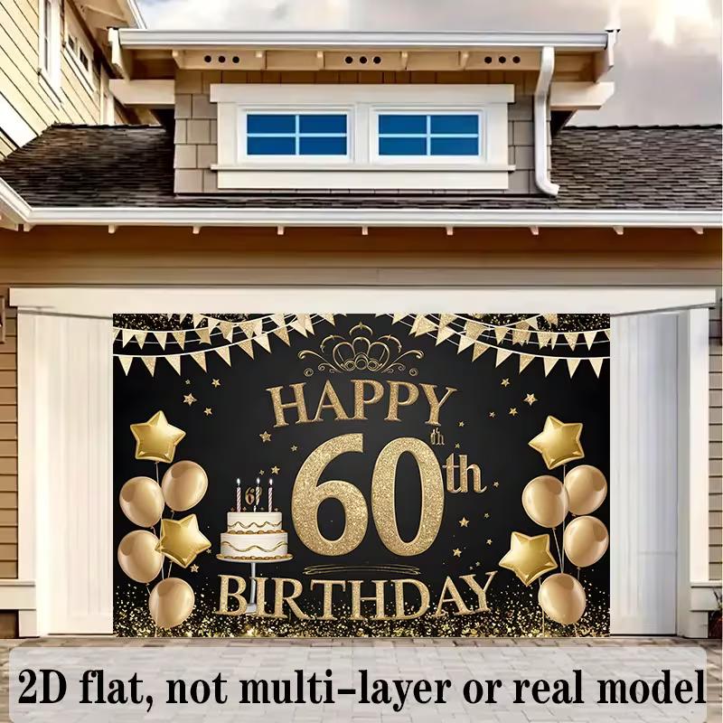 2D 60th Birthday Backdrop Black Gold Glitter - Party Decoration Photo Booth Background