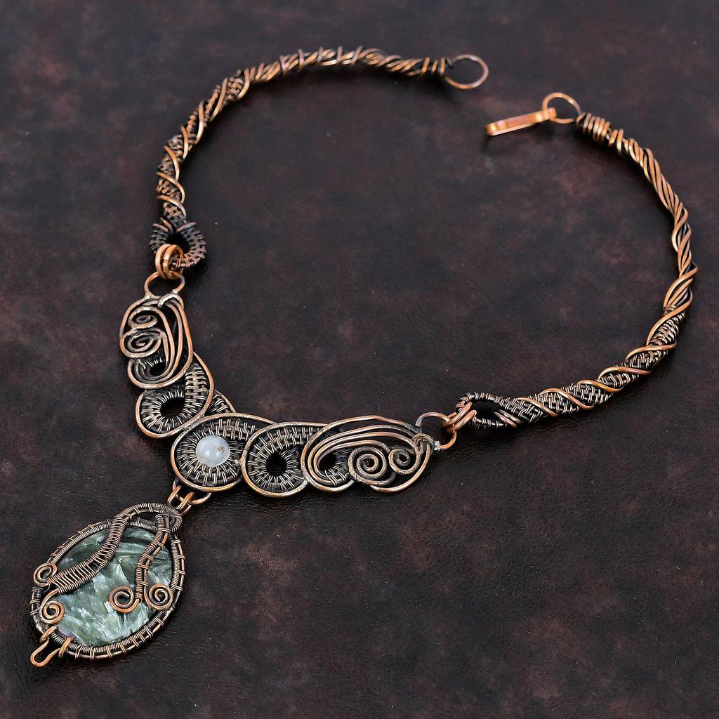 Seraphinite Necklace Copper Wire Wrapped Necklace Handmade Necklace Designer Copper Wire Jewelry Moonstone Gemstone Necklace Engagement Gift
