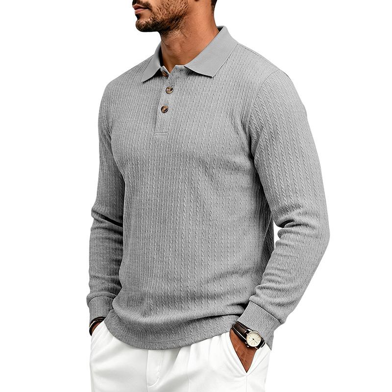 Men S Long Sleeve Polo Shirt Casual Fitted Jacquard Solid Color