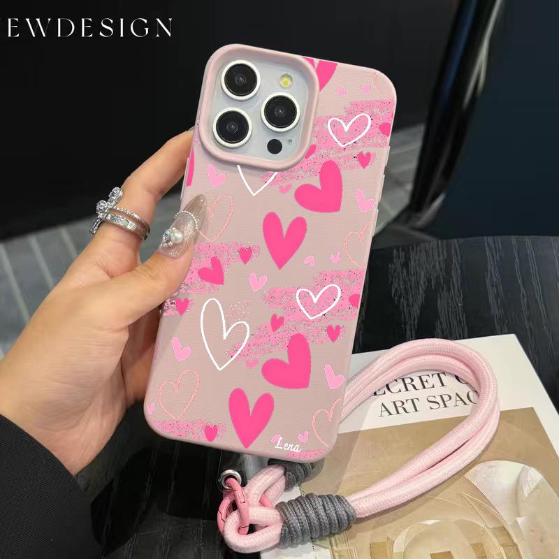 Розовый Чехол Для Телефона С Ручным Рисунком Сердца Для iPhone 17 16 16e 15 14 13 12 Pro Max 11 Plus Ударопрочный С Рисунком Личи Funda