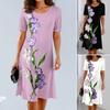 Women Dress Floral Breathable Pullover Sleeves O Neck Short Tulip Print Loose Soft A-line Knee