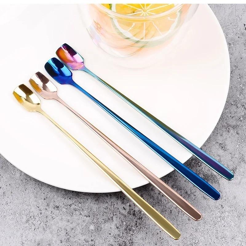 Colorful Spoon Long Handle Spoons Flatware Coffee Drinking Tools Kitchen Gadget Stainless Steel Flatware Cutlery Mini Dessert