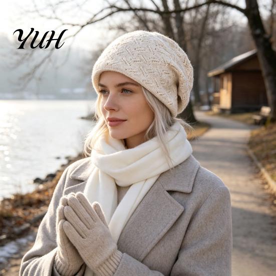 Layered Style Winter Beanies for Girls Knit Women, Thick Slouchy Skull Cap with Diamond Warm Woolen Cold Weather Texture, Soft Cozy Casual Hat Outdoor