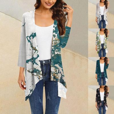 Женский кардиган с цветочным принтом неправильной формы, рукавом 3/4, повседневная накидка с карманами