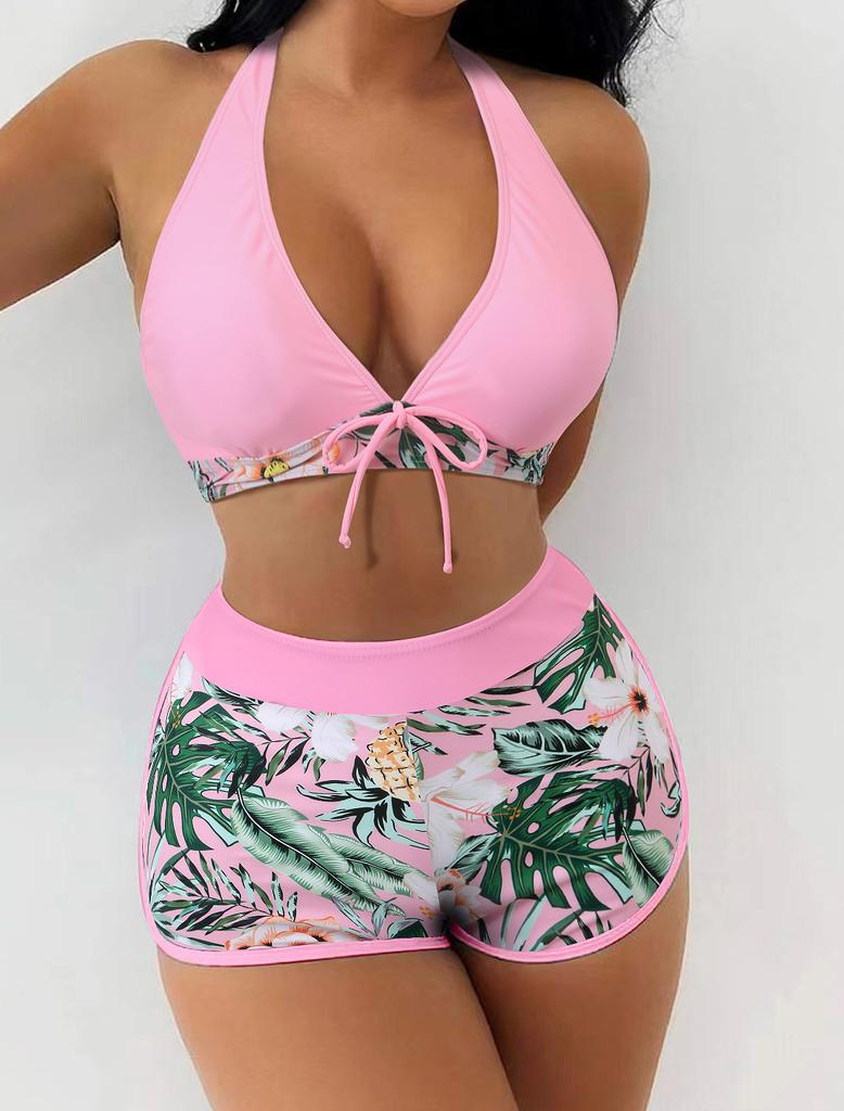 Swimsuit Women's split high waist flat angle strap print solid color splicing Internet celebrity swimsuit