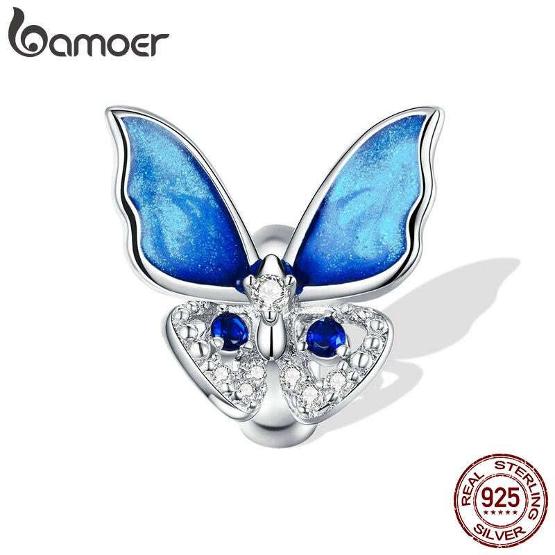 BAMOER из стерлингового серебра 925 пробы, сверкающие разноцветные циркониевые бусины с синей бабочкой для оригинальных браслетов и ожерелья диаметром 3 мм