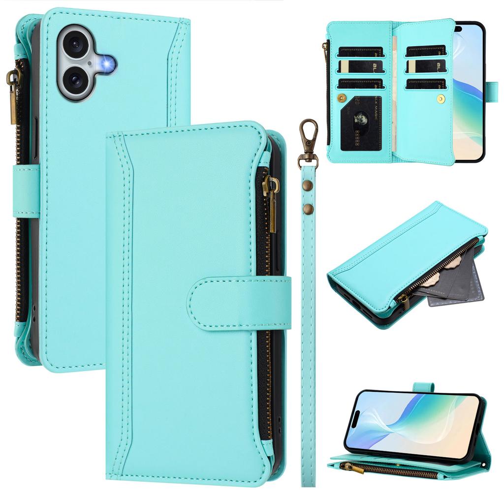 For iPhone 16 Plus Leather Case 9 Card Slots Zipper Wallet Stand Phone Cover with Wrist Strap