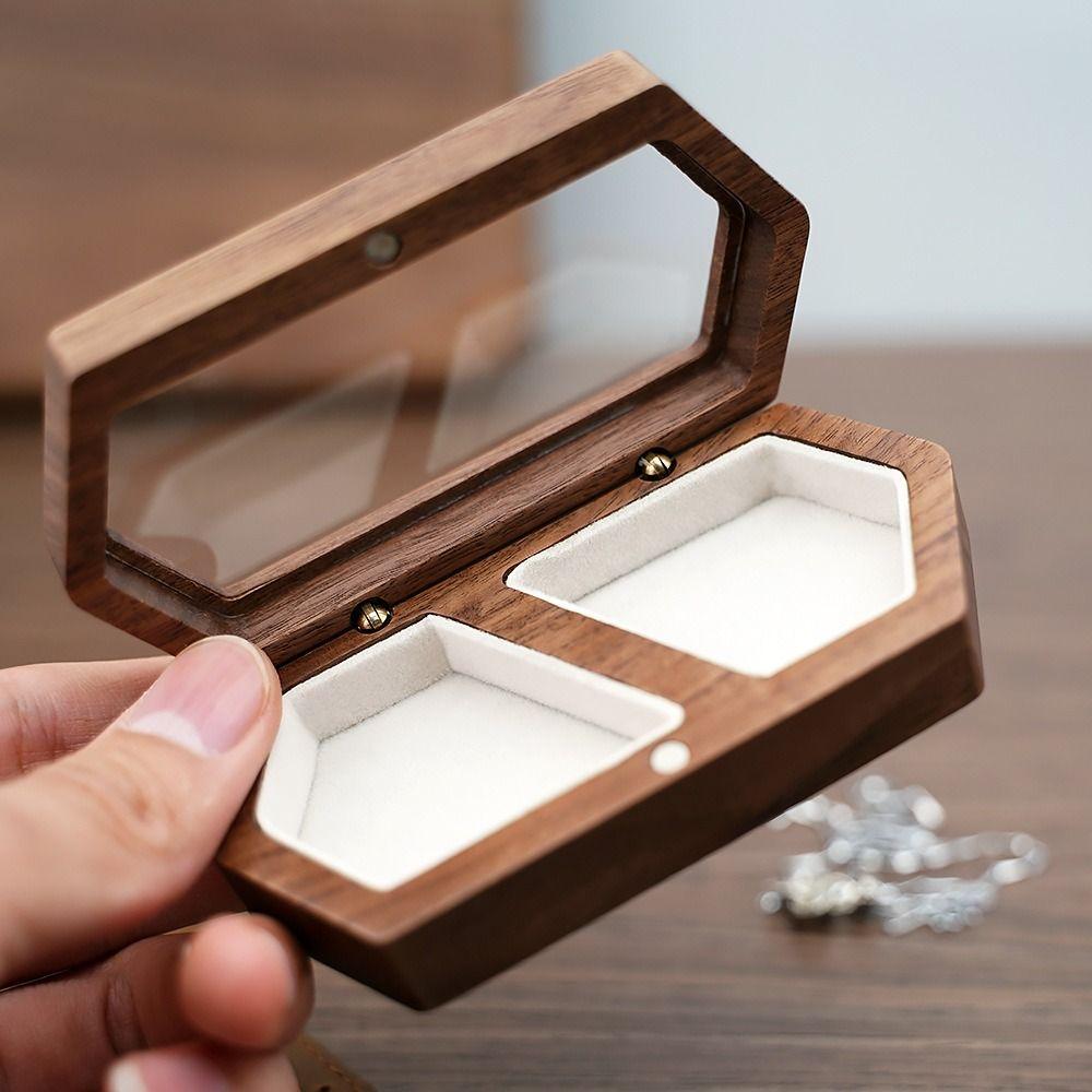 Square Mini Wood Rings Box Luxury Jewelry Organizer Simple Rings Bearer Box  Couple