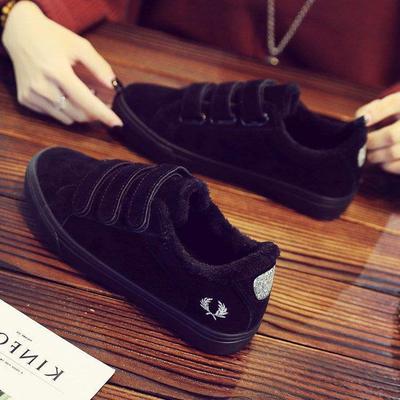 Зимние бархатные теплые парусиновые туфли, низкий верх, плоская подошва, на липучках, ленивые туфли, полностью черные рабочие туфли, женские студенческие кеды