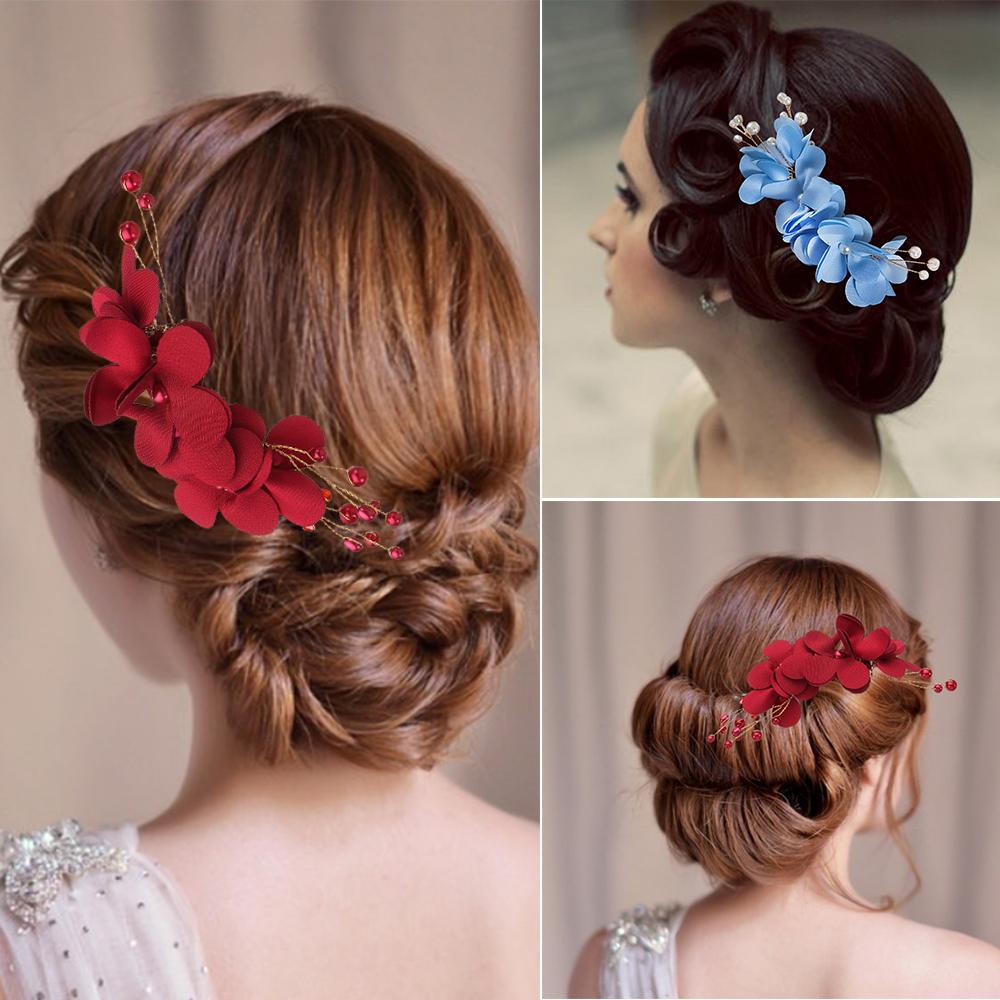 Romantic Wedding Hair Jewelry Bridesmaid Tiara Hair Combs Bridal Clips Red Flower Hair Pin