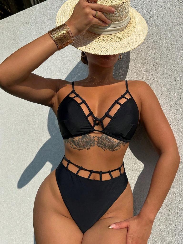 Женский купальник черный полый сексуальный бикини с высокой талией пляжная одежда купальные костюмы