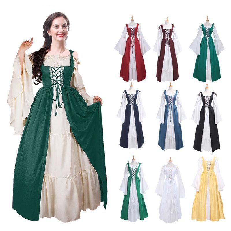 S~5XL Large Size Women Retro Cosplay Dress Medieval Renaissance Retro Dress with Square Collar Bundled Waist Halloween Party