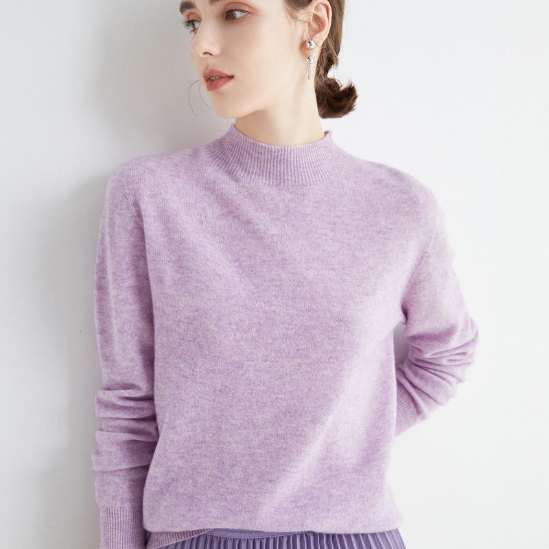 Женский приталенный осенний свитер, модный воротник половинной высоты, универсальная чистая шерсть для многослойности или верхней одежды, приятный к коже.