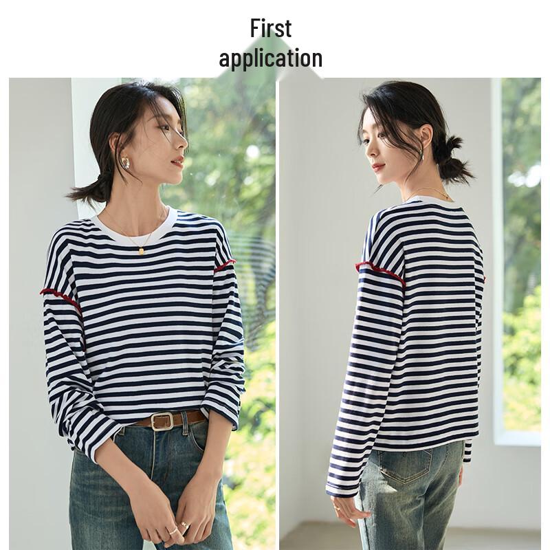 Women's Striped Color Block Embroidered Long Sleeve T-shirt