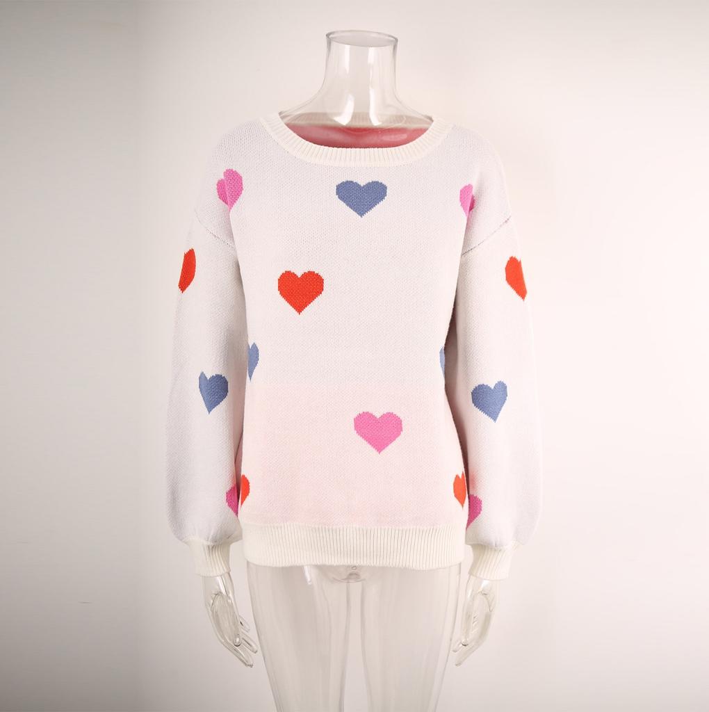 Женский свободный повседневный модный свитер с круглым вырезом и сердечком, вязаный свитер-рубашка