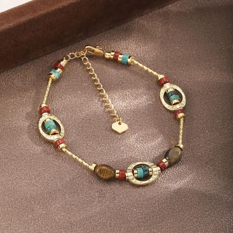 Boho Chic Geometric Stone Beaded Bracelet With Gold-Tone Metal Accents Vintage-Inspired Womens Handmade Jewelry