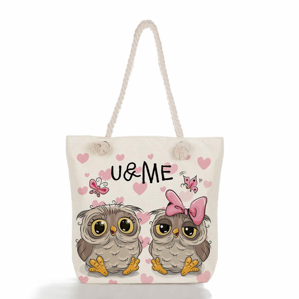 Cute owl print thick rope single-shoulder beach bag 7288 CLE