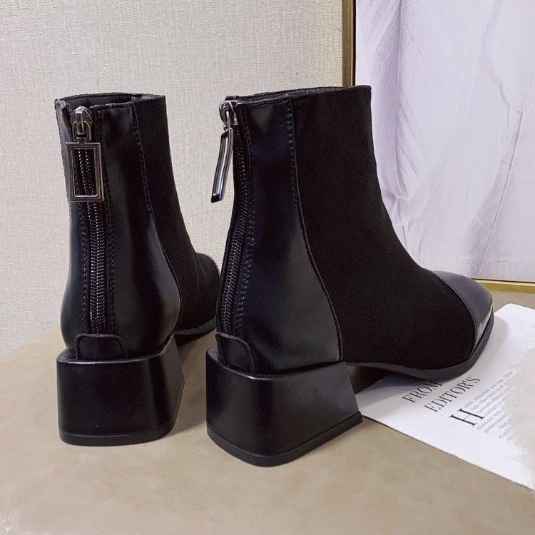 Black Fashion Boots Low Heel Zipper Nude Boots Dark Brown Spring and Autumn Women's Single Boots 35-42 Aunt Short Boots Women's