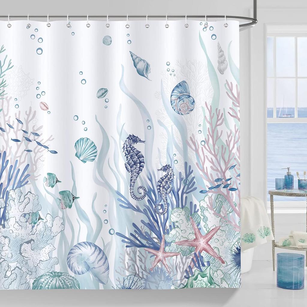 Whale Ocean Blue Kids Cartoon Undersea Theme Waterproof Washable Polyester Shower Curtain 180 X 180Cm With 12 Hooks