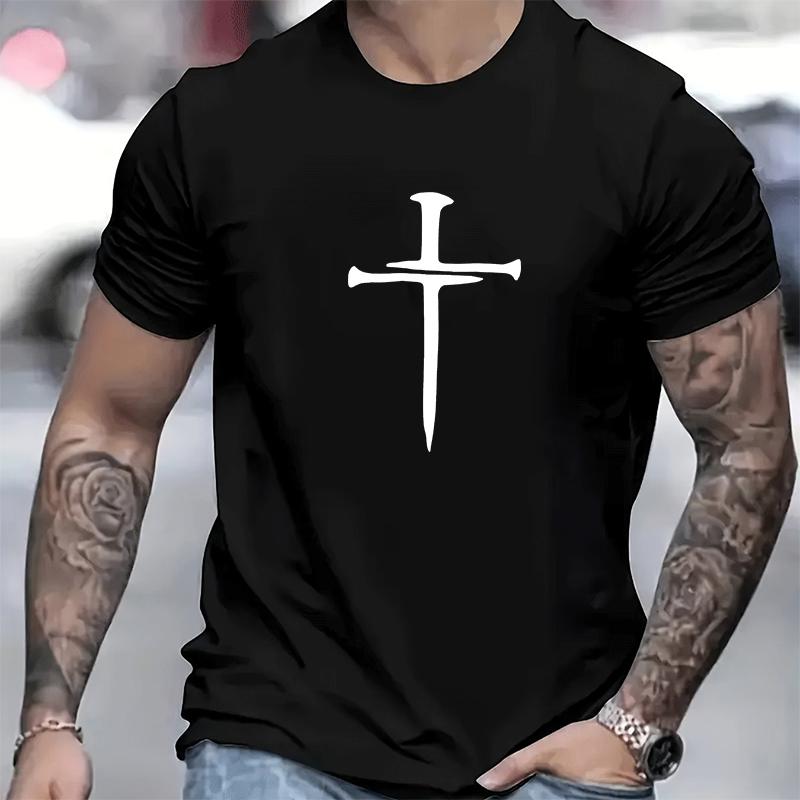 Cotton Short Sleeved Men's T-shirt with Cross Pattern Printed On It, Men's Summer Outdoor Clothing, Daily Style, Fashionable and
