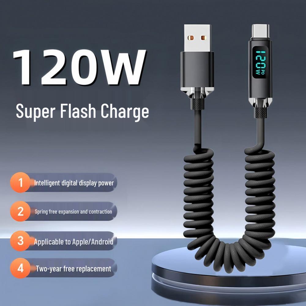 Весенний USB-кабель для быстрой зарядки 120 Вт для устройств Apple, Huawei, Honor, Type-C.