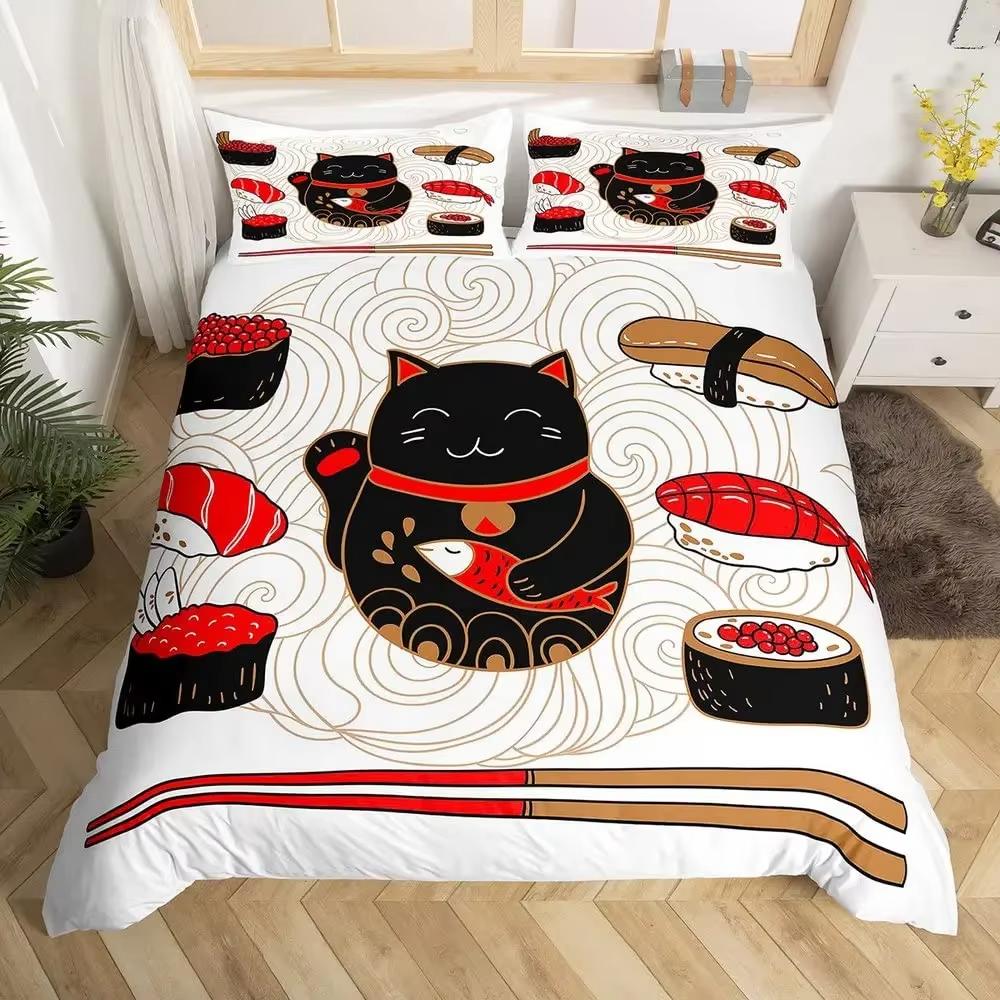 Комплект пододеяльника Lucky Cat в японском стиле с волновым узором, комплекты постельного белья для взрослых и детей, экзотический декор для спальни, комплект из 3 предметов: пододеяльник размера кинг