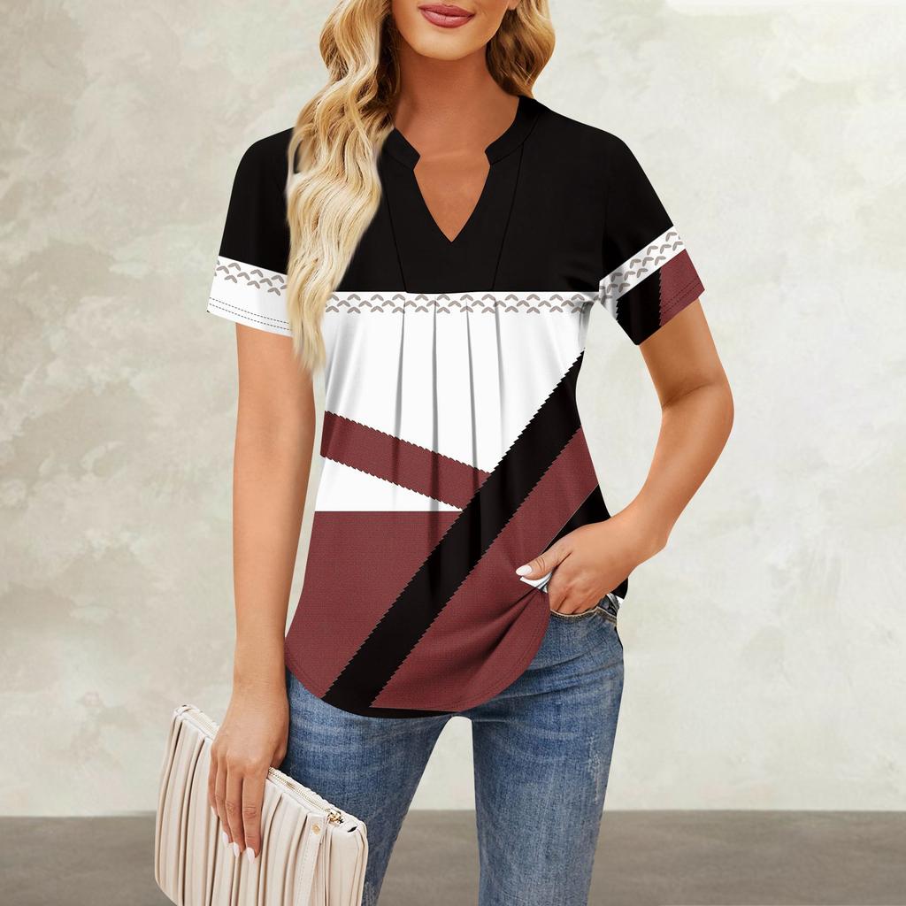 Women's Short Sleeve Casual V-neck Chest Pleated Printed Loose T-shirt Top