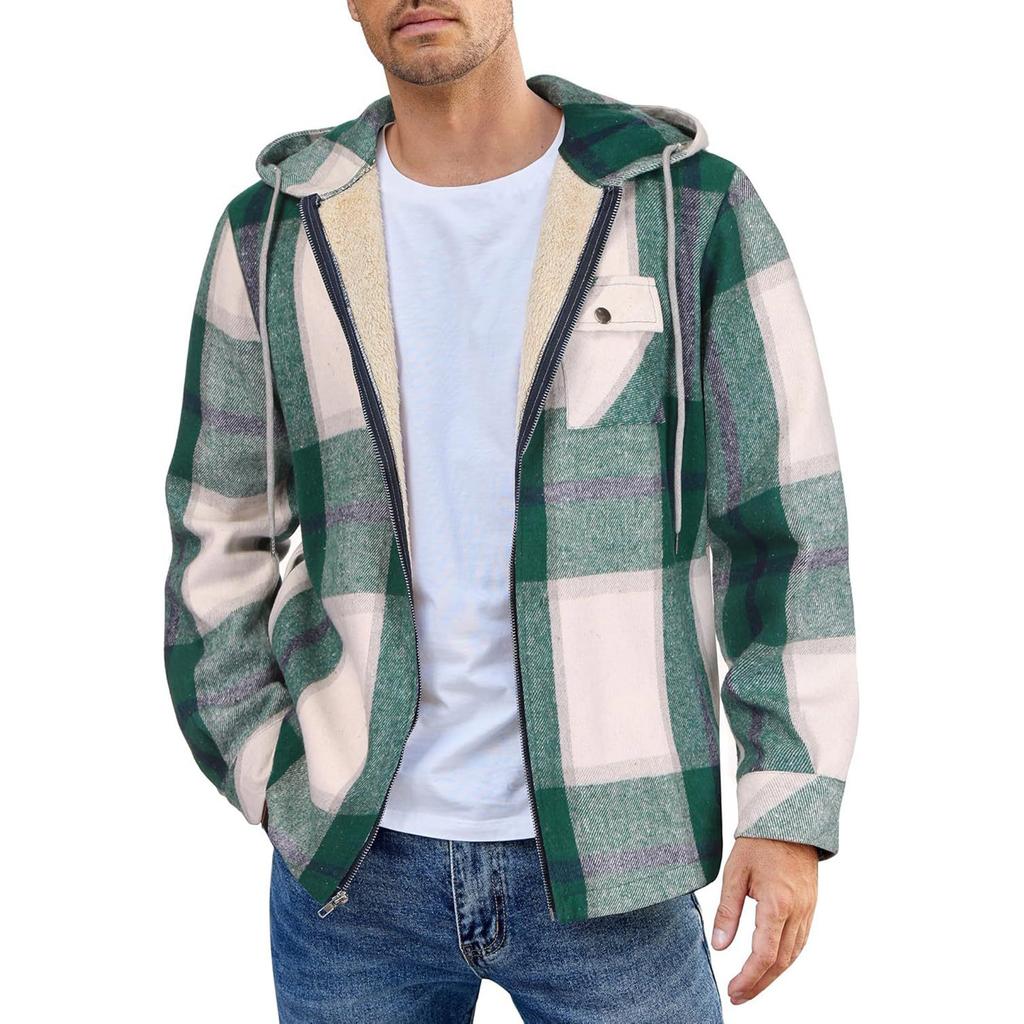 Мужская клетчатая рубашка на стеганой подкладке на пуговицах с бархатной теплой курткой с капюшоном