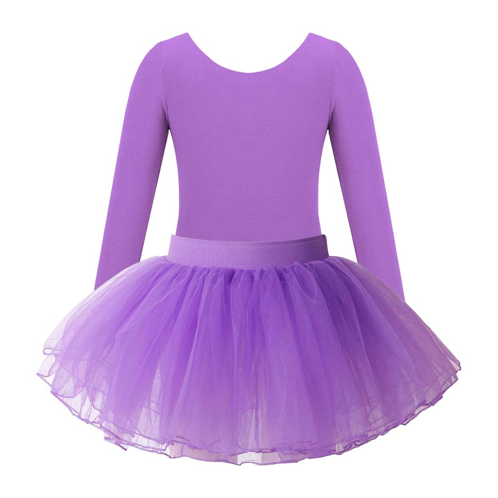 Girls Ballet Dance Wear Long Sleeve Round Neck Leotard Elastic Waist Tutu Layered Skirt Performance Outfit