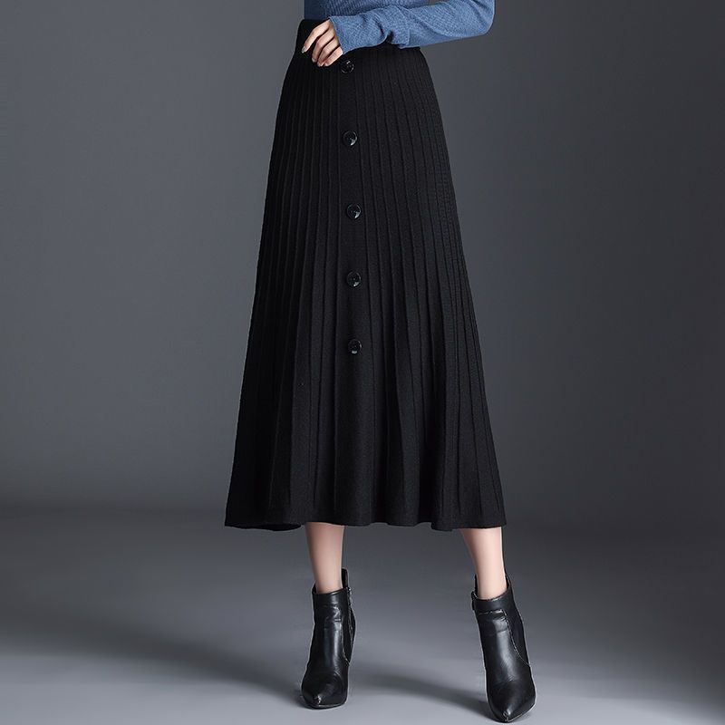 Женская осенне-зимняя вязаная юбка, женская юбка с высокой талией, тонкая плиссированная юбка трапециевидной формы средней длины