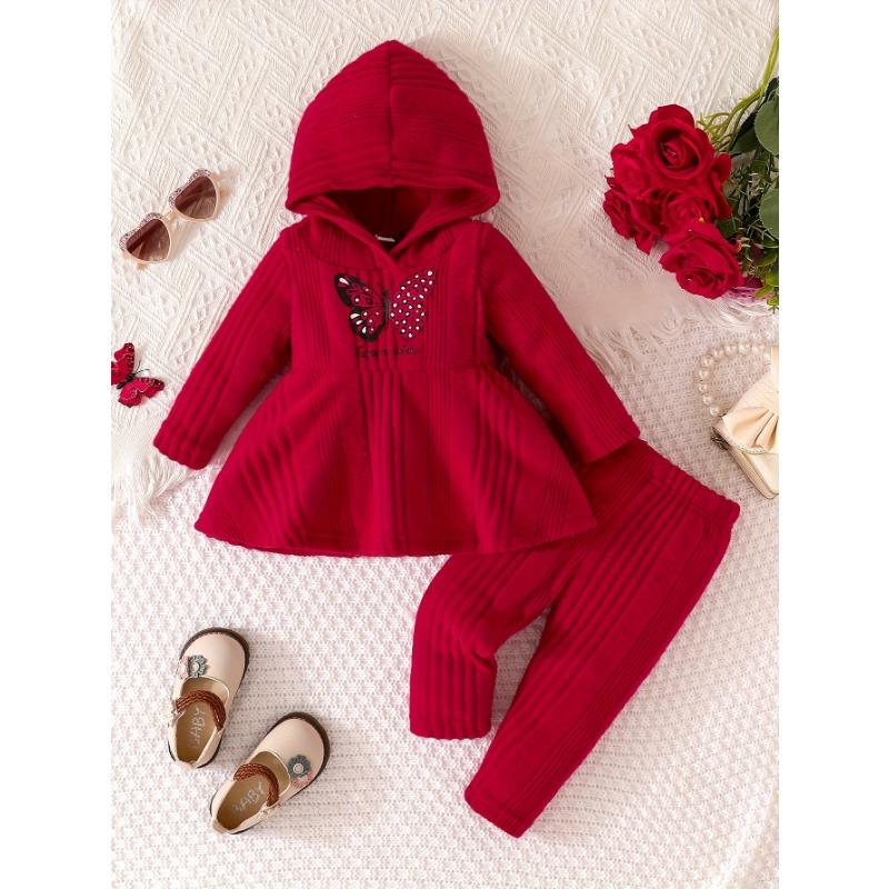 Two-Piece Girl Sweet and Gentle Spring/Autumn New Butterfly Print Letter Hoodie Sweatshirt and Pants Set, Perfect for Outdoor, Knit