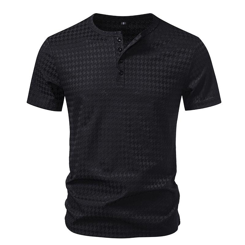 Мужская футболка-henley с жаккардовым узором "гусиная лапка" - Поло с 4 пуговицами, короткий рукав, повседневная, облегающий крой, ежедневные топы в 3 универсальных цветовых вариантах