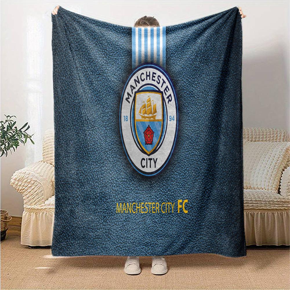 Football Manchester Crest Flannel Blanket, Soft Polyester, Modern Design, All-Season for Camping, Travel, Gifts for holidays or birthdays