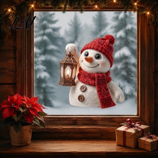 Snowman Pattern Decals Christmas with Lantern Static Glass Cute Window Cling Sticker PVC Reusable Sticker for Doors and Holiday Party Home