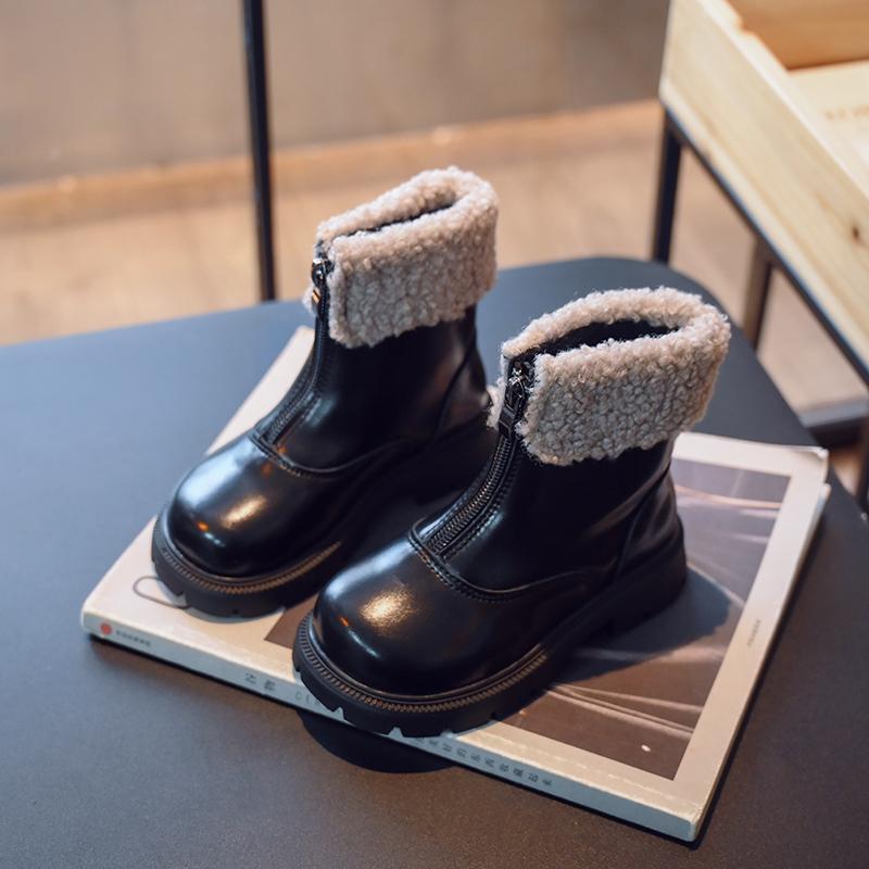 Девочки Короткие Ботинки Отвернутый Край Плюшевые Ретро Зимние Детские Теплые Ботинки Передняя Молния Детские Модные Ботинки Противоскользящие 2024 Новые