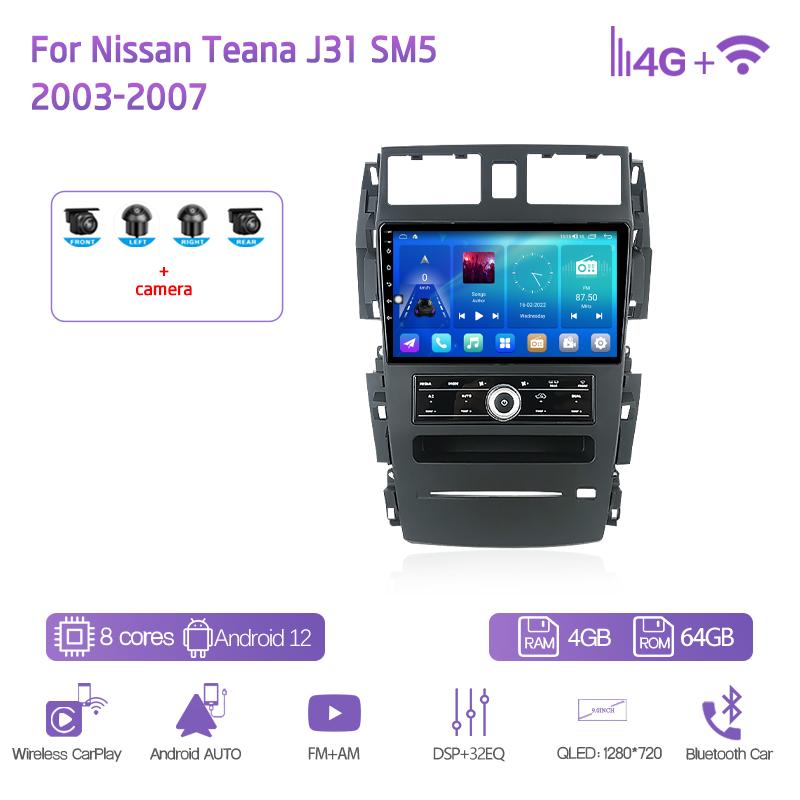 9Inch For Nissan Teana J31 SM5 2003-2007 GPS Navigation Radio Android12 8+128G 8Core CarPlay 4G 360Camera Car Multimedia Player