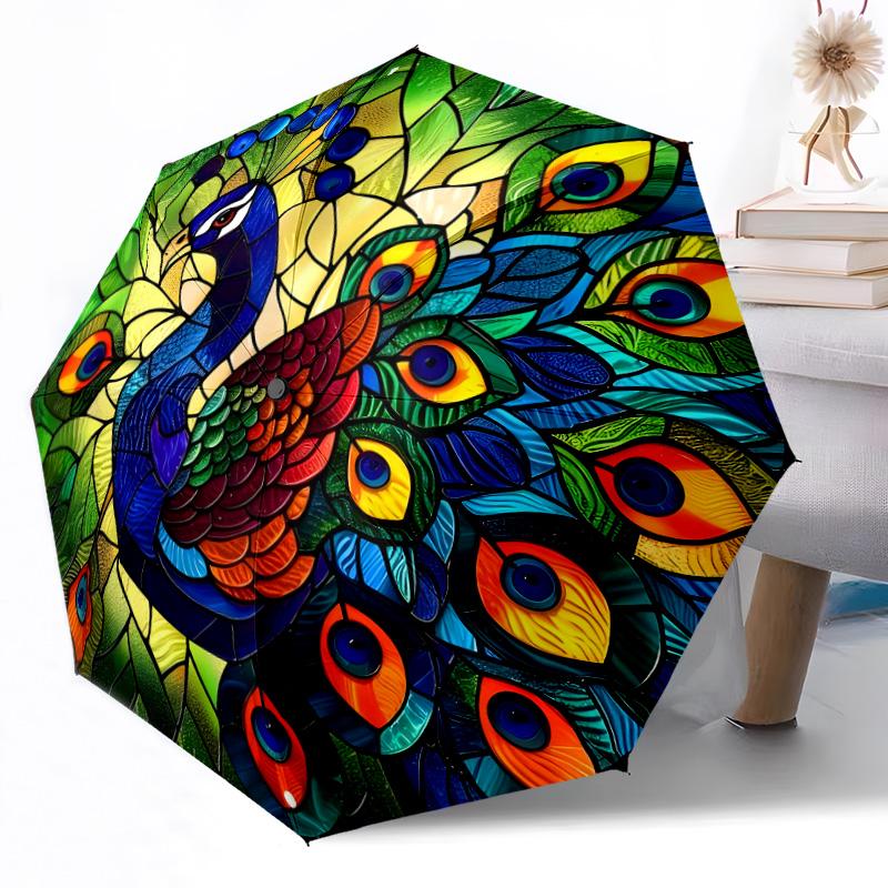 Vibrant Peacock Stained Glass Art Portable Automatic Umbrella Compact & Durable 8-Rib Design Durable Plastic & Iron Travel Essential Fashion Lovers