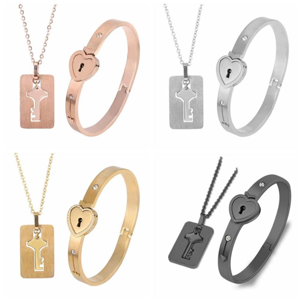 Gold Silver Heart Lock Bracelets Stainless Steel Key Pendant Necklace Women Men