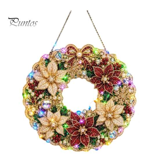 DIY Holiday Craft for Adults Christmas Diamond Painting Wreath Kit with LED String Lights, Snowman Pearl Art Hanging Ornament Adults, Acrylic