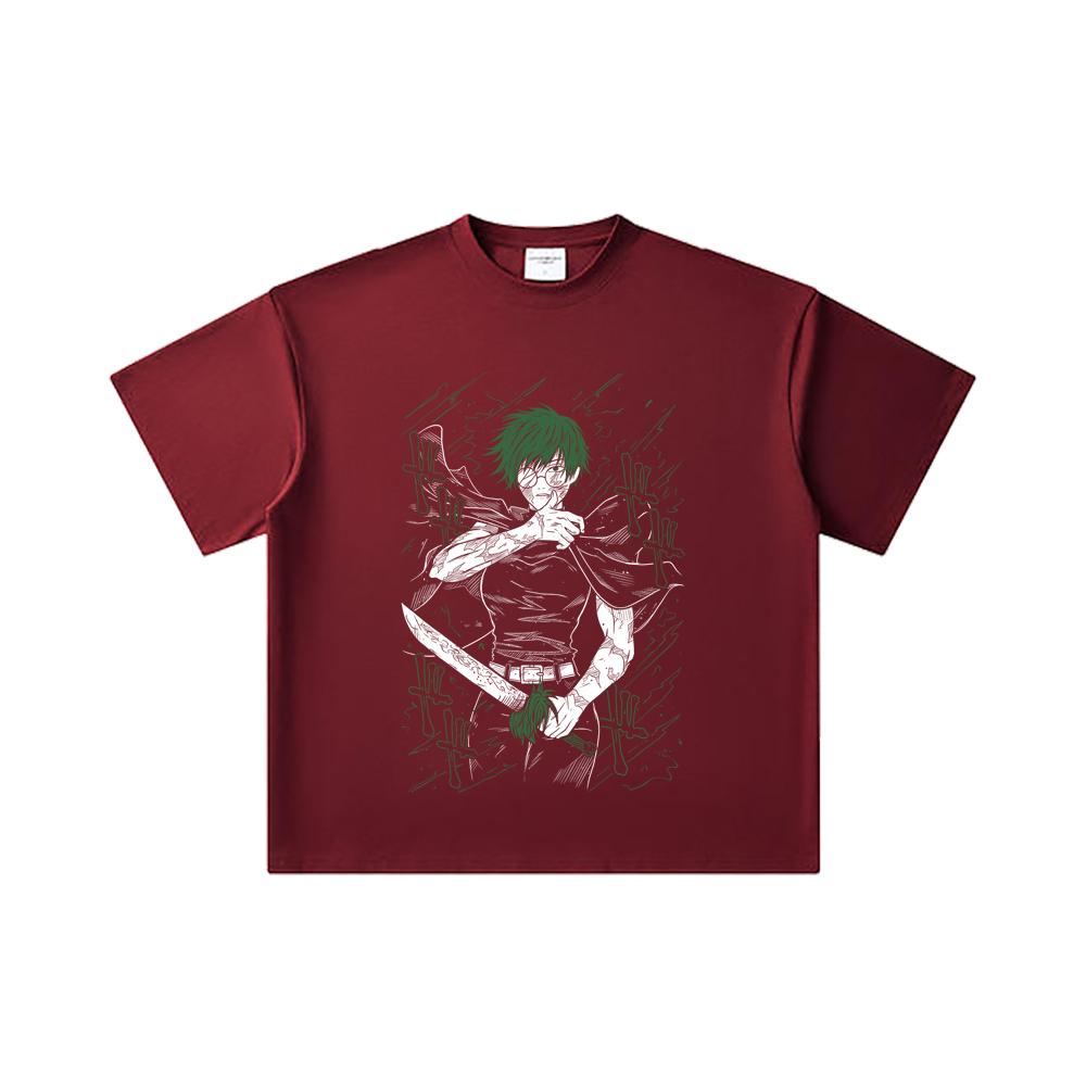 260 GSM Double Yarn 32 Count 100% Cotton Jujutsu Kaisen V10 Maki Print Unisex Heavy Cotton T Shirt