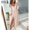 HNXC Maxi Dress Solid Color Big Hem Women Elegant Irregular Waist Travel