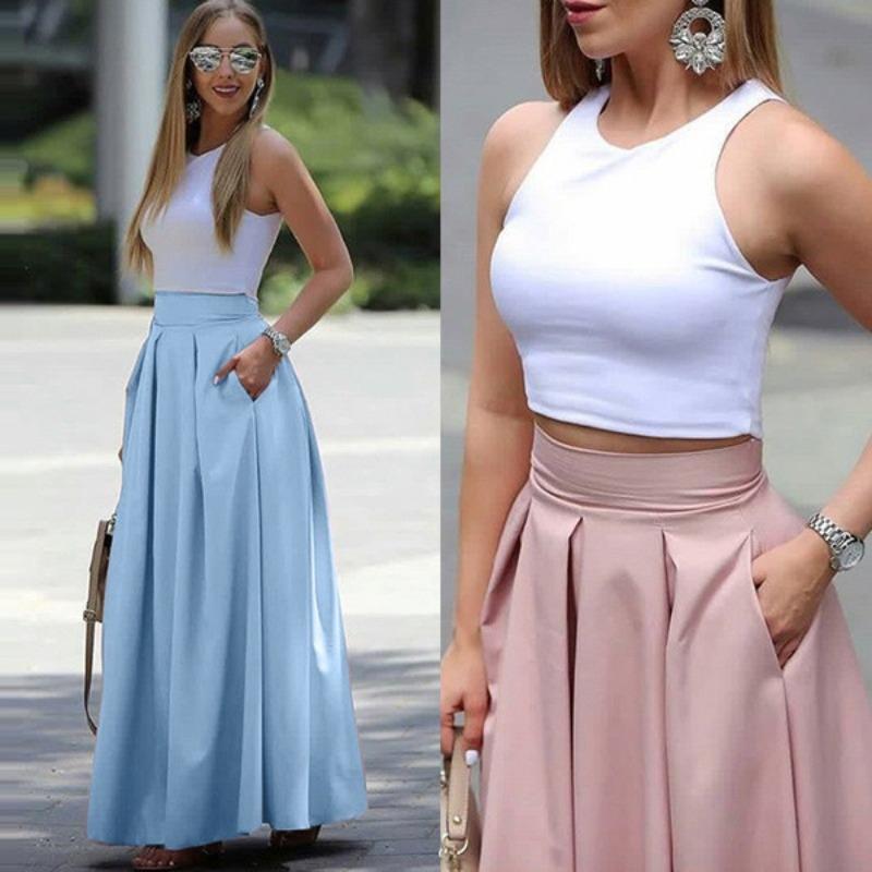 Spring and Autumn Big Yards Solid Color OL Bustier High-waisted Half-body Skirt Pleated Long Skirt