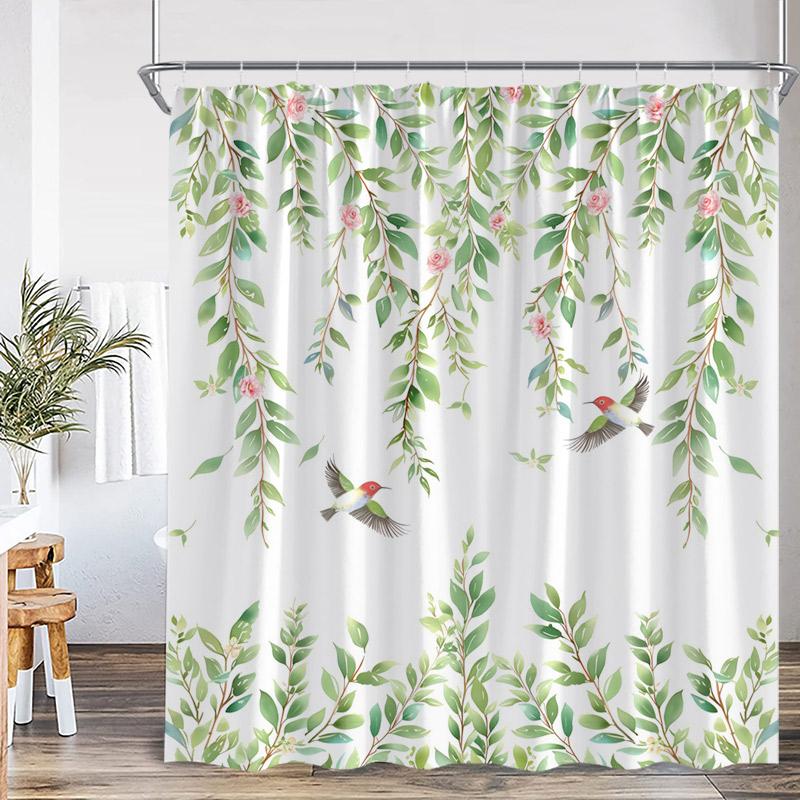 Bird Shower Curtains Colorful Birds On Tree With Green Leaves Farmhouse Bath Curtain Polyester Fabric Bathroom Decor With Hooks